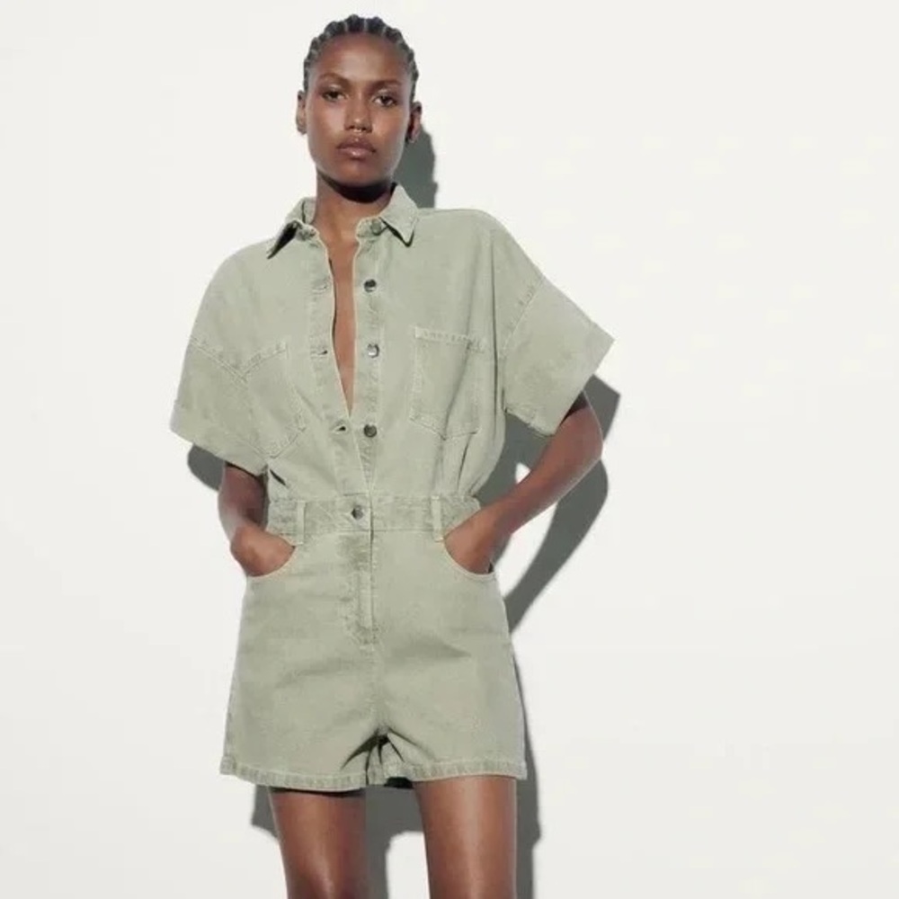 Zara Utility Short-Sleeve Romper in Sage Green